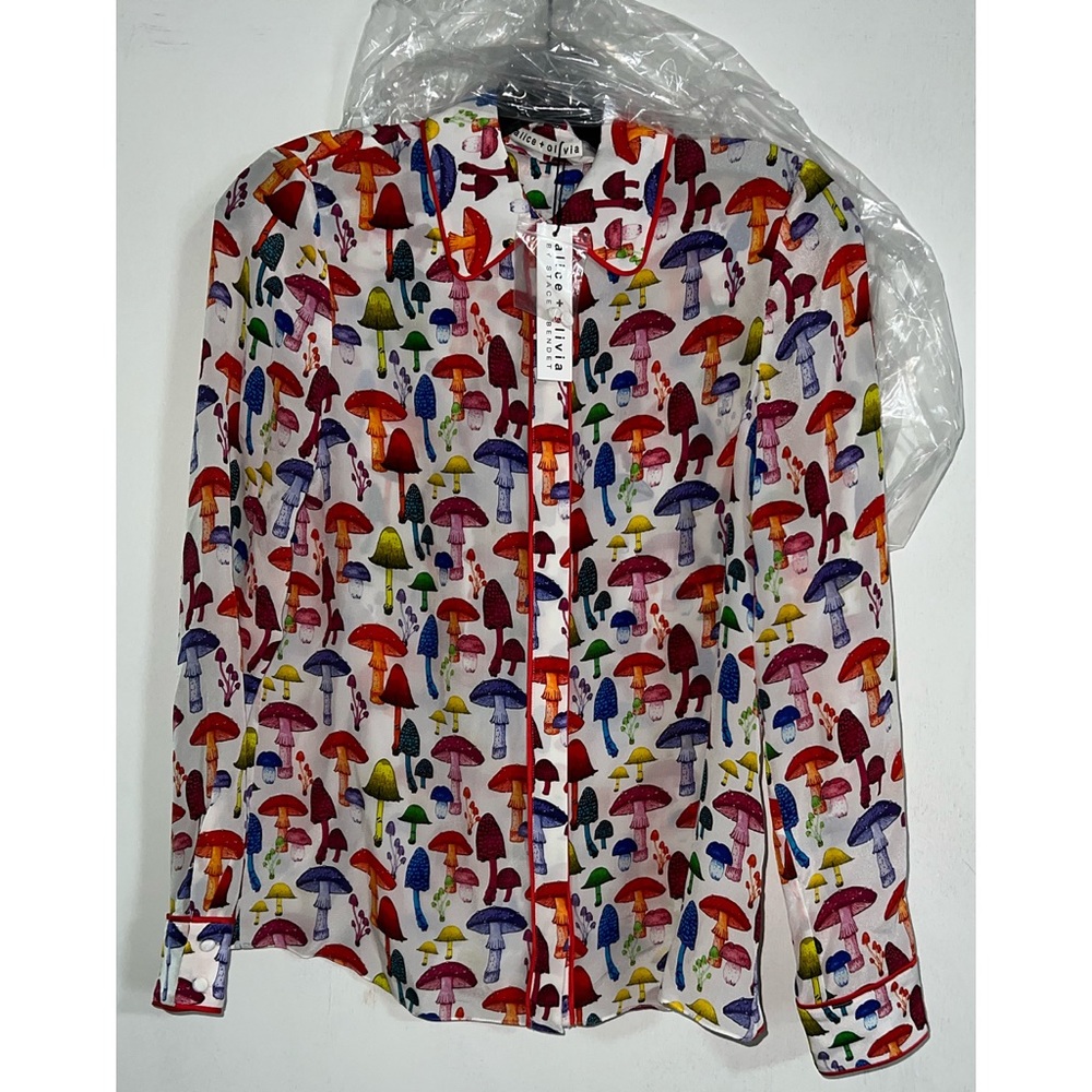 Alice + Olivia Willa Multicolored Mushroom Print Piped Placket Top - Picture 7 of 13